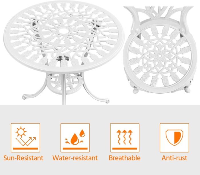 Yaheetech 3-Piece Outdoor Bistro Set w/Floral Design, Rust-Resistant Cast Aluminum Table and Chairs w/Umbrella Hole for Balcony, Backyard, Garden, White - Image 9