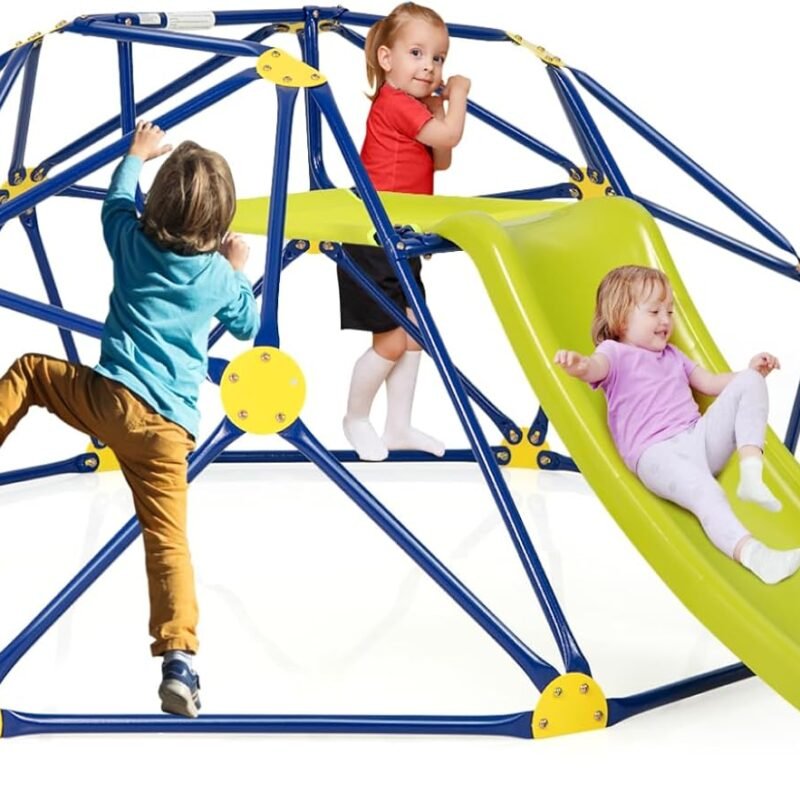 Costzon Climbing Dome with Slide for Kids, 8FT Kids Jungle Gym Monkey Bar Climbing Toys for Outdoor, 2 in 1 Indoor Geometric Dome Climber Playground Set for 3-8 Boys Girls Toddlers Backyard Gifts