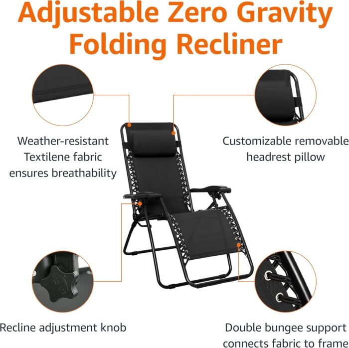 Amazon Basics Outdoor Patio Zero Gravity Lounge Chair with Pillow, Folding Reclining and Textilene Adjustable, Folding Lounge Lawn Chairs for Outside, 26", Black - Image 5