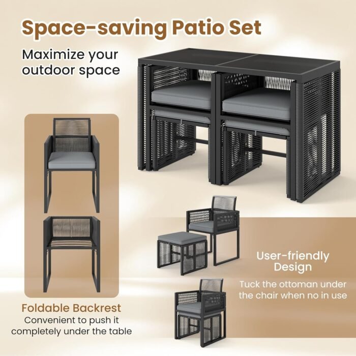 Tangkula 5 Pieces PE Wicker Patio Dining Set, Outdoor Conversation Set with Cushions, Space-Saving Patio Rattan Chair and Tempered Glass Table Set with Ottomans for Garden, Backyard & Poolside (Gray) - Image 8