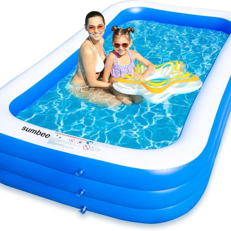 Sumbee Inflatable Swimming Kiddie Pool for Adults Kids Ages 4-8-12, Size 120" X 72" X 22" Large Blow Up Pool for Family Backyard Outdoor Toddler,Big Rectangle Pools for Children,Full-Sized,Blue