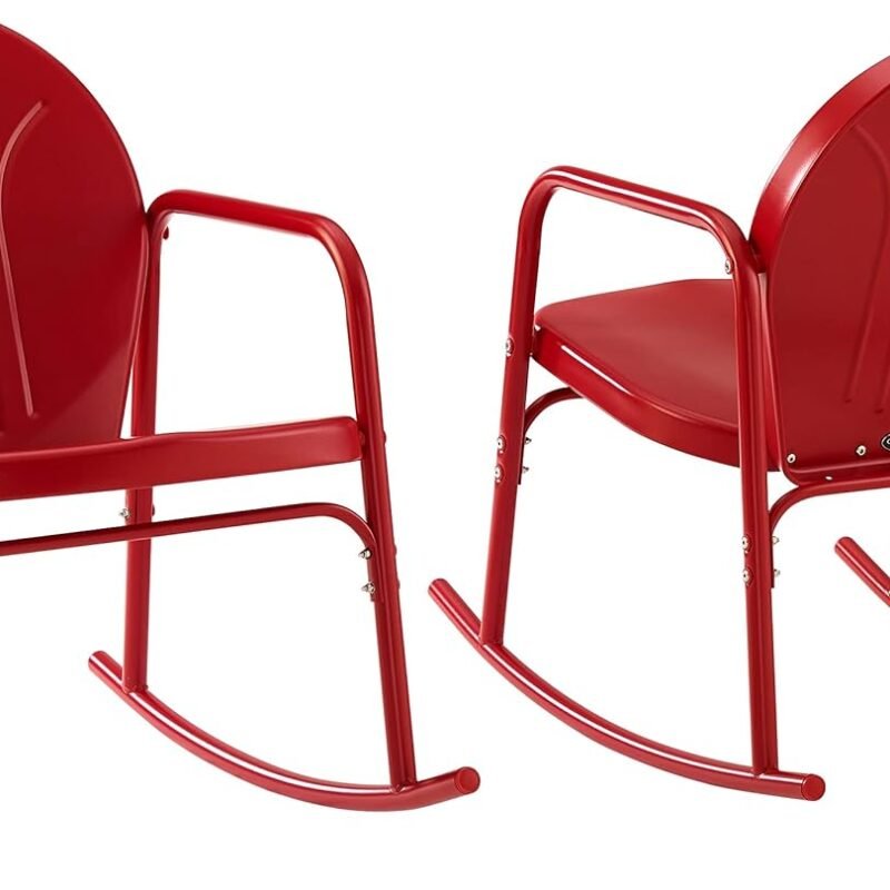 Crosley Furniture Griffith Retro Metal Outdoor Rocking Chairs, Set of 2, for Porch, Deck, Balcony, Backyard, Bright Red Gloss