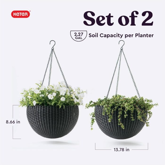 Keter Resin Rattan Set of 2 Round Hanging Planter Baskets for Indoor and Outdoor Plants-Perfect for Porches and Patio Decor, Graphite - Image 3