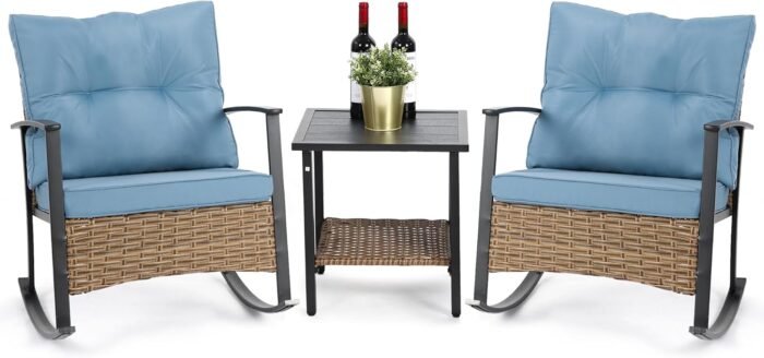 Wicker Rocking Chairs for Outdoors 3 Piece, Patio Rocking Chairs Set of 2, Patio Furniture Set, Small Outdoor Set for Porch, Poolside, Balcony and Yard, Blue