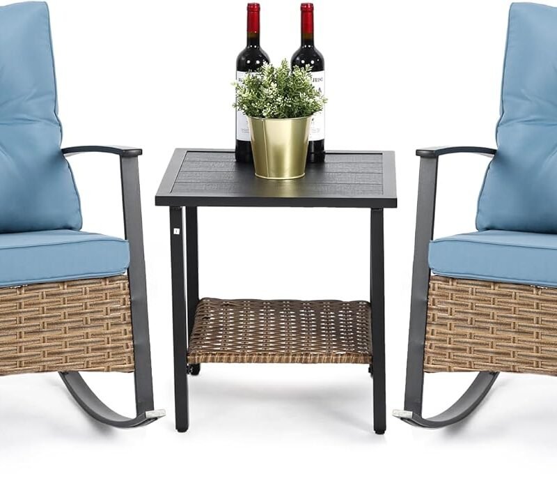 Wicker Rocking Chairs for Outdoors 3 Piece, Patio Rocking Chairs Set of 2, Patio Furniture Set, Small Outdoor Set for Porch, Poolside, Balcony and Yard, Blue
