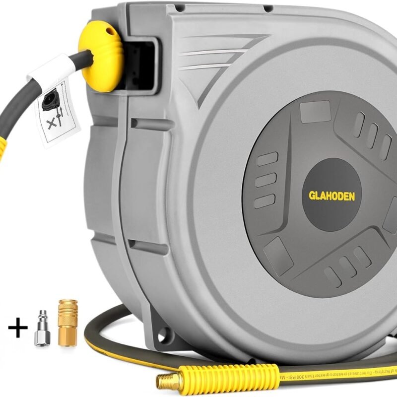 Enclosed Retractable Air Hose Reel, 3/8 in x 65 Ft Hybrid Hose Air Compressor Hose Reel with 6 Ft Lead in Max 300 PSI Patented Design for Any Length Lock 180°Swivel Bracket Quick Coupler