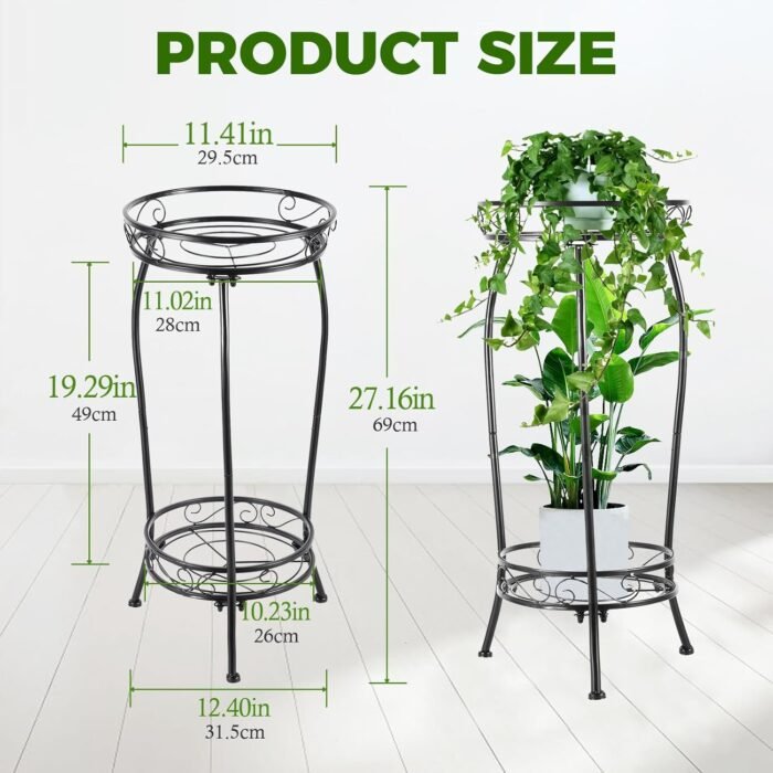 Plant Stand Indoor Outdoor 2 Tier 27" Tall Metal Potted Holder Rack Flower Pot Stand Heavy Duty Plant Shelf Rustproof Iron Multiple Plant Round Supports Rack for Planter Corner Garden Balcony Patio - Image 2