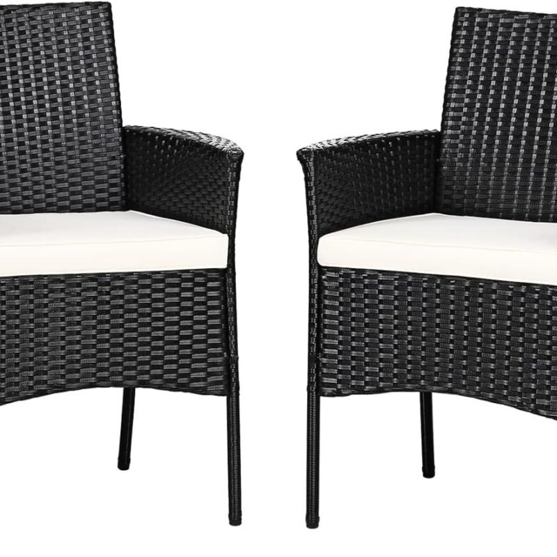 Patio Chairs Set of 2, All Weather Rattan Wicker Dining Chairs with Soft Removable Cushions, Armrest, Outdoor Dining Chairs for Garden, Pool, Backyard, Lawn, Porch, Black