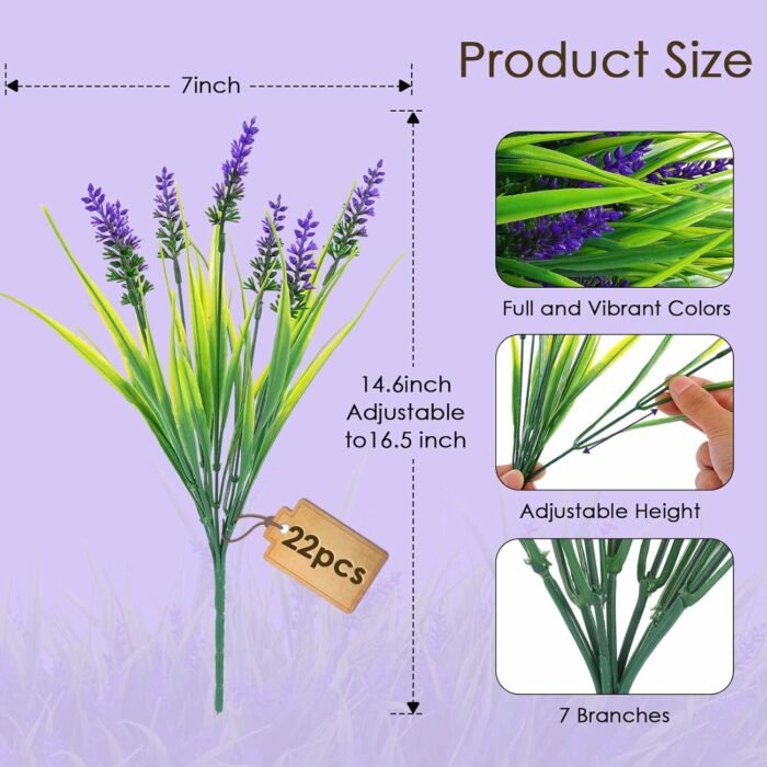22 Pcs Artificial Outdoor Flowers UV Resistant Lavender Fake Greenery Plants Grass with Purple Flowers for Pot Decor for Window Garden Patio Hanging Planter Pathway Front Porch (22, Purple) - Image 2
