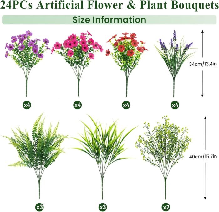 24 Bundles Artificial Flowers for Outdoors Spring Summer Decoration, UV Resistant Eucalyptus Violet and Lavender Silk Fake Plants for Outside Indoor Yard Home Patio Decor, Red Rose Purple - Image 2