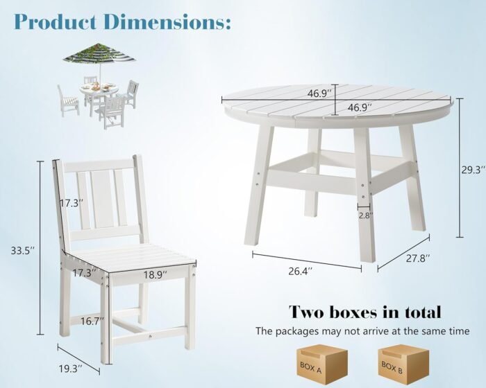 AMERLIFE 5 Piece HDPE Outdoor Dining Tables and Chairs, All-Weather Patio Outdoor Furniture with Umbrella Hole, Round Table for Garden, Backyard, Seaside, White - Image 6