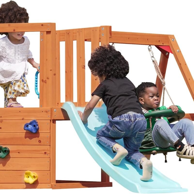 Dolphin Playground 5-in-1 Toddler Swing Sets for Backyard, Toddler Outdoor Playset with Baby Swing, Table, Blackboard, Kid Slide, Rock Climbing Wall, Playground Sets for Backyards Ages 18 mo to 4 yrs