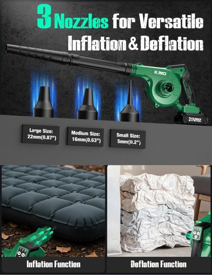 K I M O. Cordless Leaf Blower and Vacuum Combo 4 in 1, 3 Nozzles for Inflation and Deflation, 190MPH, Control Panel with 3 Speeds, 20" Extended Tube, 2 Pack Battery Powered Leaf Blowers for Lawn Care - Image 3