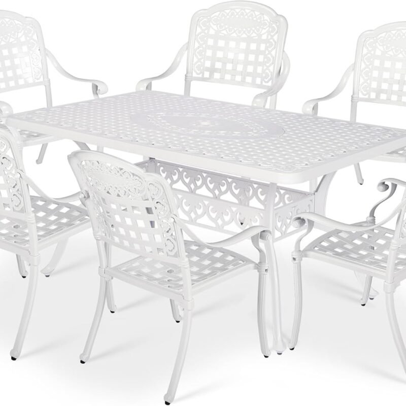 VIVIJASON 7-Piece Patio Furniture Dining Set, All-Weather Cast Aluminum Outdoor Conversation Set, Include 6 Chairs and a Rectangle Table with Umbrella Hole for Balcony Lawn Garden Backyard, White