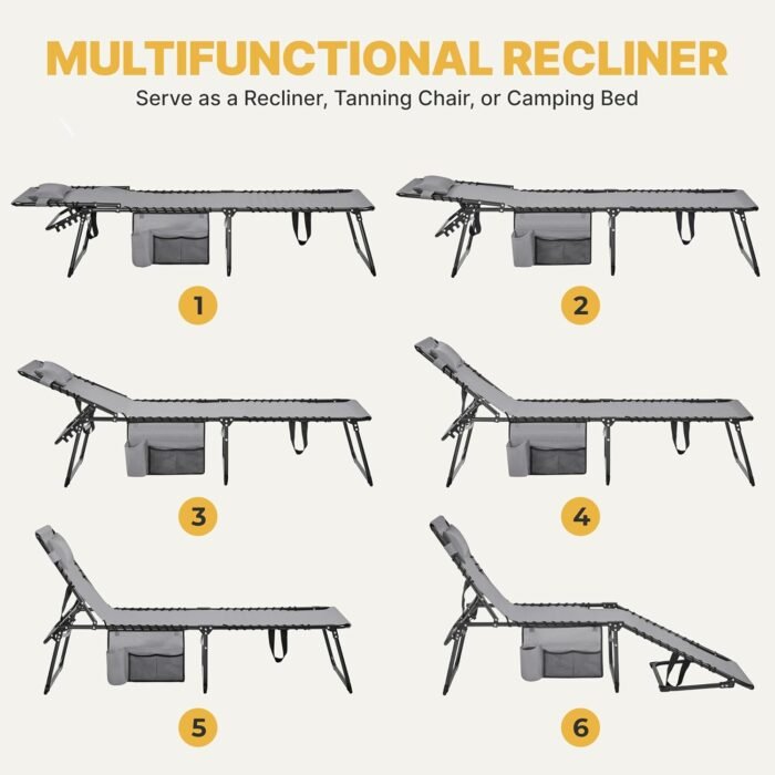 Yaheetech 22.4" Outdoor Folding Tanning Chair, Chaise Lounge Chairs with 5 Back Position Adjustable, Extended Portable Lounger for Beach, Patio, Gray - Image 9
