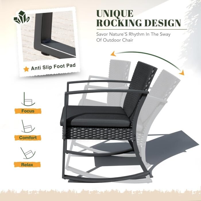 Devoko PP Patio Furniture Set 3 Piece All Weather Outdoor Rocking Chairs with Cushions and Coffee Table for Bistro Balcony Porch (Black) - Image 4