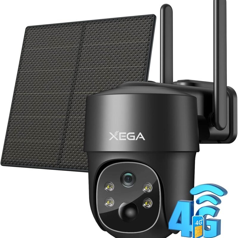 Xega 4G LTE Cellular Security Camera Solar with SIM Card,Wireless Outdoor No WiFi Security Camera,2K HD PTZ Night Vision Motion Detection 2 Way Talk TF&Cloud Storage IP66, Built-in SIM Card