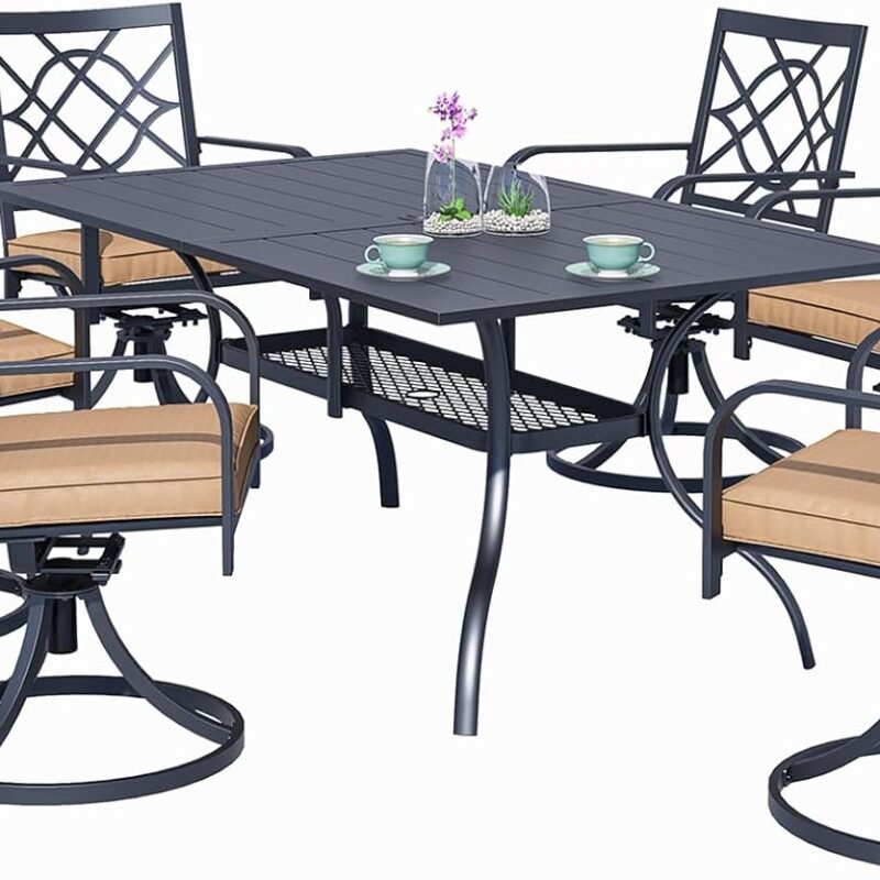SUNCROWN 7-Pieces Outdoor Dining Set Metal Swivel Cushioned Chairs Patio Furniture Sets with Steel Slat Bistro Table for Backyard, Lawn, Garden