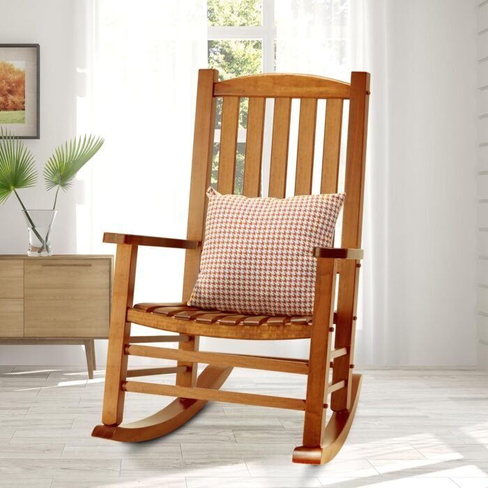 Wooden Oversized Porch Rocker Chair with High Back and Armrest, All Weather Slatted Rocker for Backyard, Garden, 400 lbs Support, Natural - Image 2