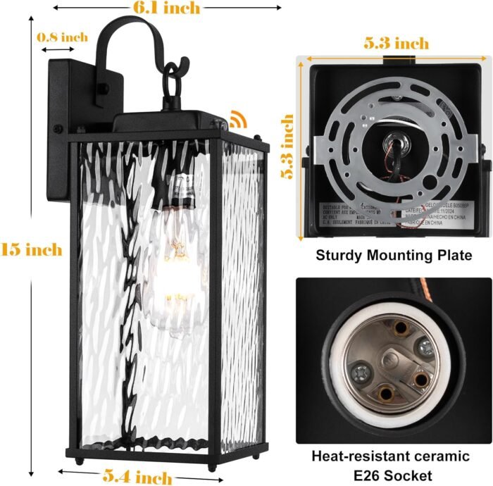 2-Pack Dusk to Dawn Outdoor Lighting with Water Ripple Glass, IP65 Waterproof Matte Black Front Porch Lights Photocell Sensor Exterior Light Fixtures Outdoor Wall Sconces Coach Lights - Image 5