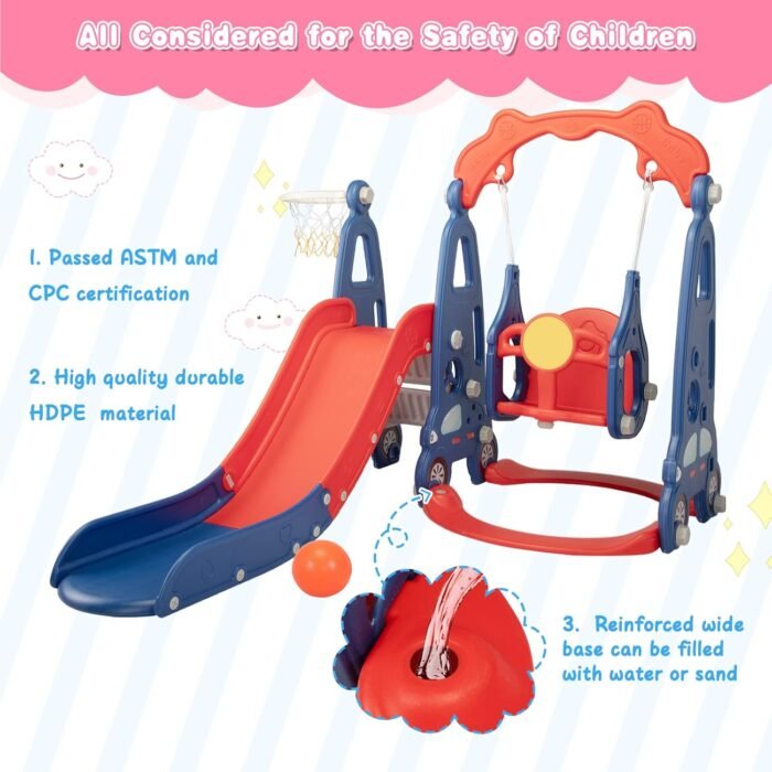 4 in 1 Slide Climber Swing Set, Freestanding Toddler Slide Climber Playset with Basketball Hoop, Toddler Playground Indoor Outdoor, Easy Setup (Red) - Image 2