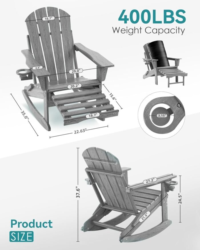 Adjustable Adirondack Rocking Chair with Retractable Ottoman, 4-in-1 Multifunctional Folding Patio Chair with Cup Holder, Outdoor Chair Wood Texture for Lawn, Porch, Backyard, Pool(Grey) - Image 2