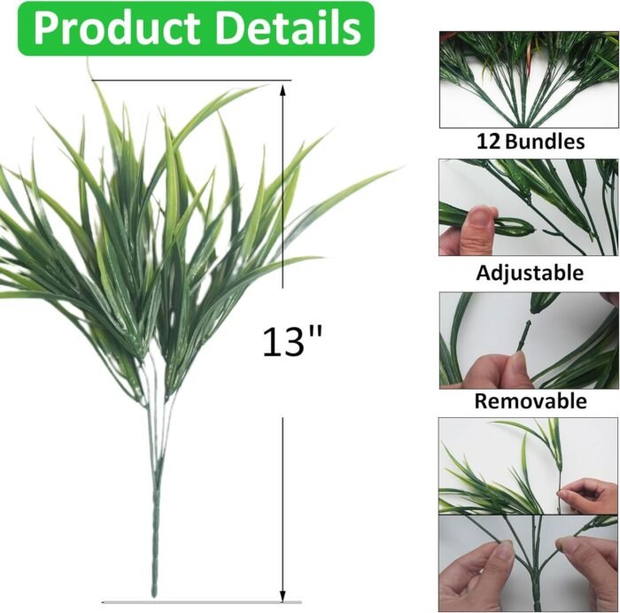 12 Bundles Artificial Outdoor Plants UV Resistant Fake Grass Plants Faux Plastic Plants Greenery Shrubs for Home Garden Pathway Window Box Front Porch Spring Summer Decor, Green - Image 3