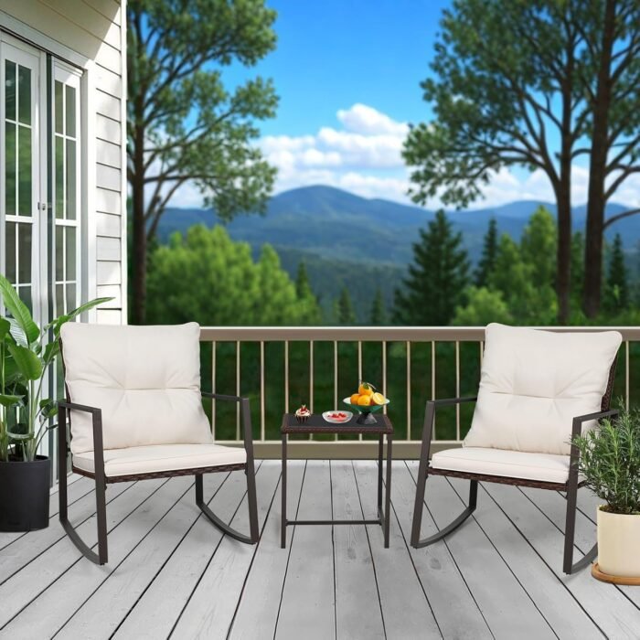 SUNCROWN 3-Piece Patio Bistro Set Outdoor Rocking Chairs Set Brown Wicker Porch Chairs with Glass Coffee Table, Beige Cushion - Image 8