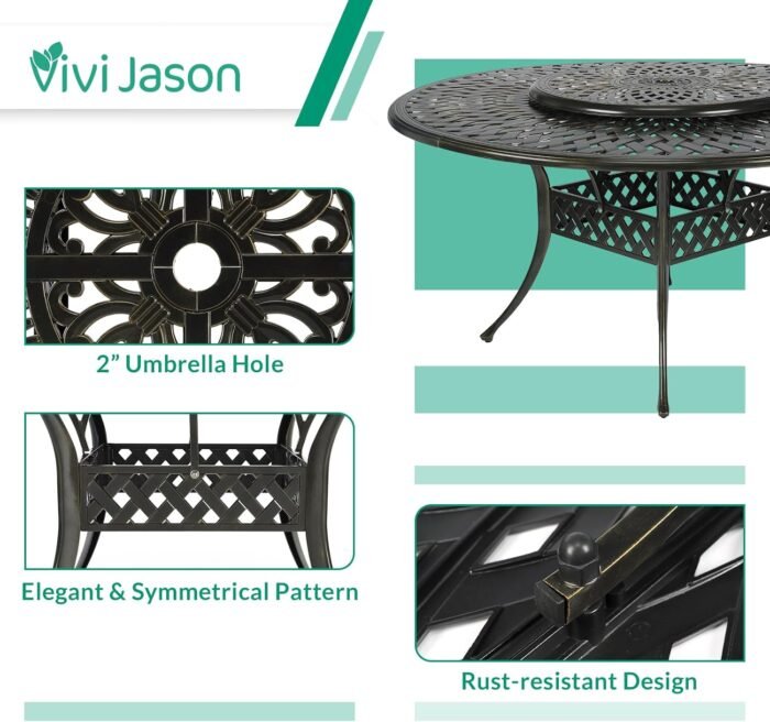 VIVIJASON 9-Piece Patio Furniture Dining Set, Rust-Free Cast Aluminum Outdoor Conversation Set, Include 8 Cushioned Chairs & 61" Round Dining Table with 31" Lazy Susan, Umbrella Hole, Khaki - Image 2