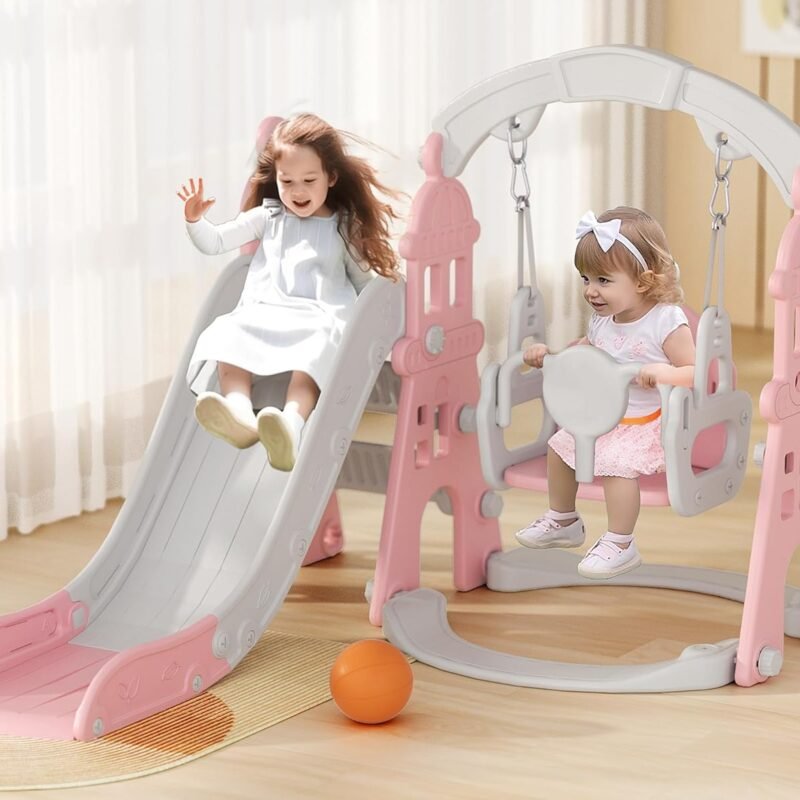 GLAF 5 in 1 Toddler Swing and Slide Set for Toddler Age 1-3 Baby Swing Set Outdoor Slides with Basketball Hoop Indoor Playground Outdoor Playset Slide for Kids (Pink)