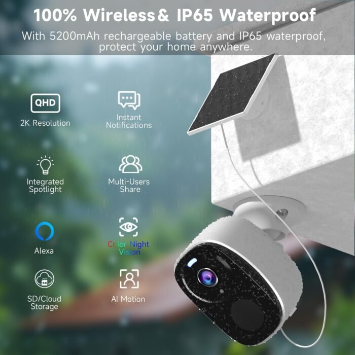 3pc Wireless Security Camera Wireless, 2K Solar Camera for Home Security, Battery Powered Surveillance Security Camera with Color Night Vision, AI Detection, 2-Way Audio, IP65, SD/Cloud, Works Alexa - Image 3