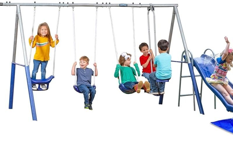 Fun Forever Plus with 6' Water Slide & Ground Tarp - 8 User / 6 Station Metal Backyard Play Swing Set. 192" L x 104" Deep x 74" H, by XDP Recreation