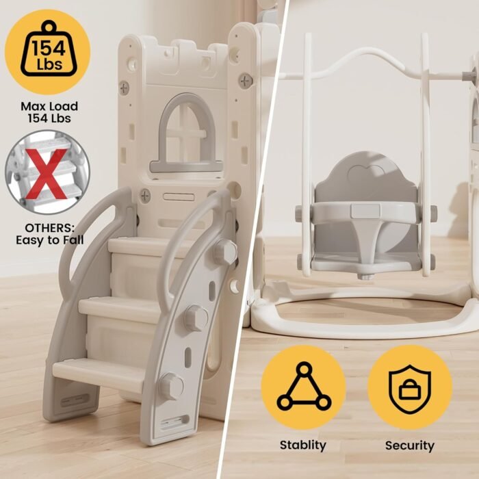 10 in 1 Toddler Slide, Age 1-3 with Swing, Basketball Hoop and Telescope, Kid Slide for Toddlers, Indoor Outdoor Slide Toddler Playset Toddler Playground (Grey) - Image 7