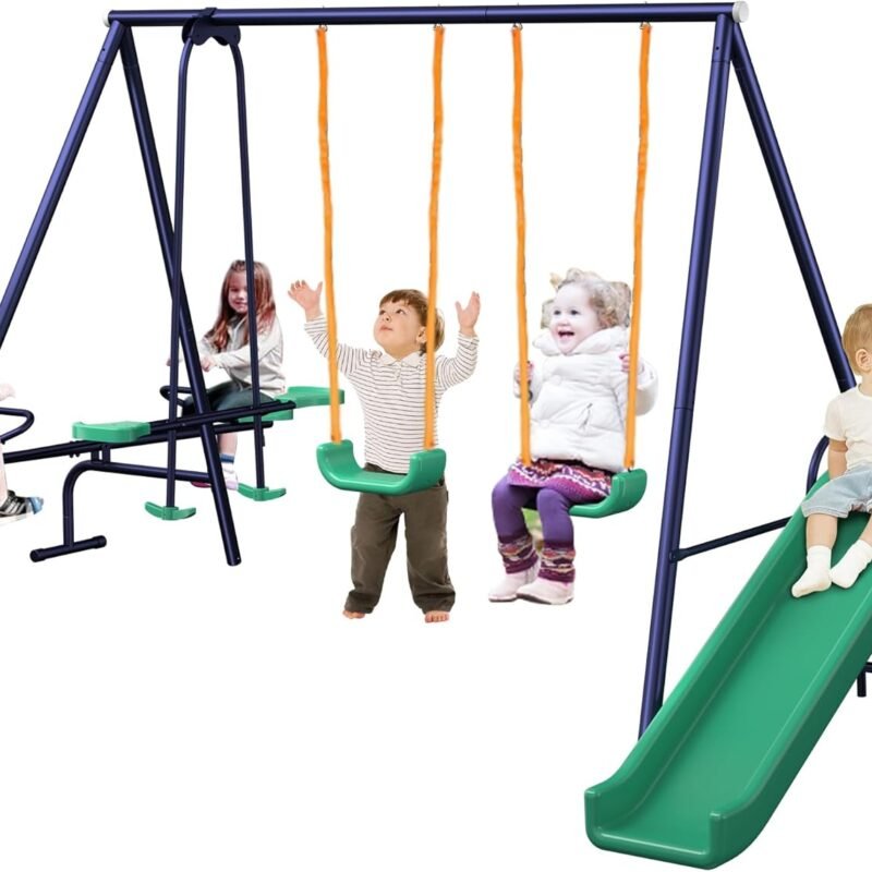 4 in 1 Multifunction Kids Swing Set, Metal for Backyard, Outdoor Heavy Duty Extra Large Frame with 2 Adjustable Swing, 1 Glider, 1 Slide and 1 Teeter-Totter