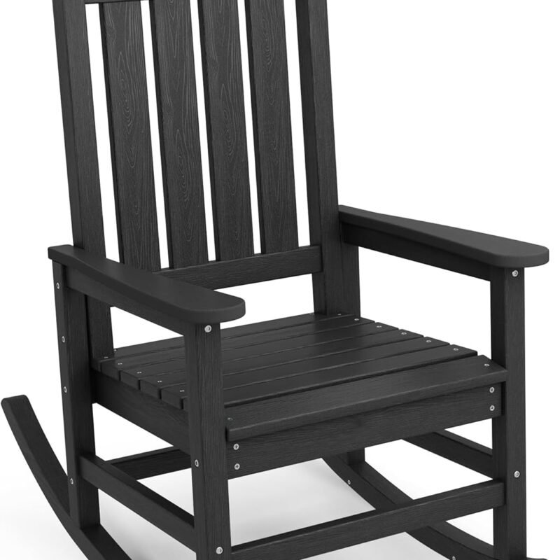 SERWALL Oversized Rocking Chair, Outdoor Rocking Chair for Adults, All Weather Resistant Porch Rocker for Lawn Garden, Black