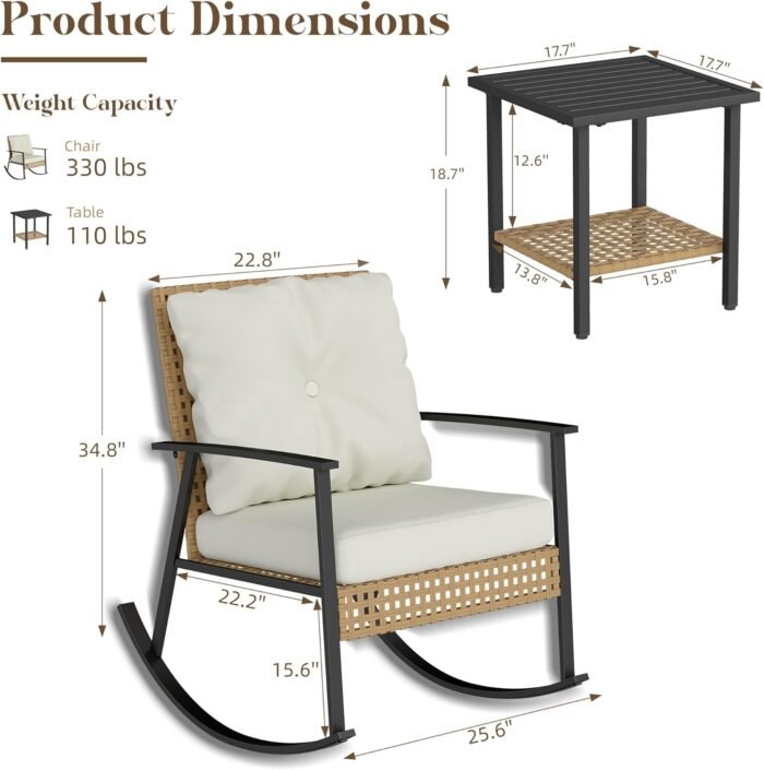 3 Piece Outdoor Rocking Chairs, Outdoor Patio Furniture Set with Thick Cushion and Coffee Table, Rattan Rocking Bistro Set for Grand Porch Balcony Garden - Image 2