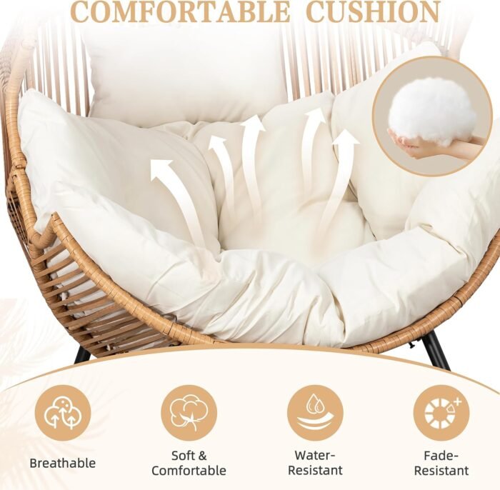 Vongrasig Wicker Rocking Egg Chair PE Rattan with Cushion, Oversized Patio Lounge Rocker Chair for Outdoor, Indoor, Balcony, Backyard, Garden, Beige - Image 4