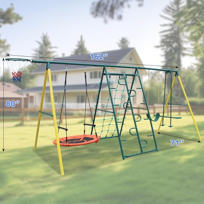 Metal Swing Sets for Backyard for Kids 3-12, 6 in 1 Swing Sets, Heavy-Duty Playground Backyard Set with 2 Swings, Glider, Climbing Ladder and Rope - Image 7