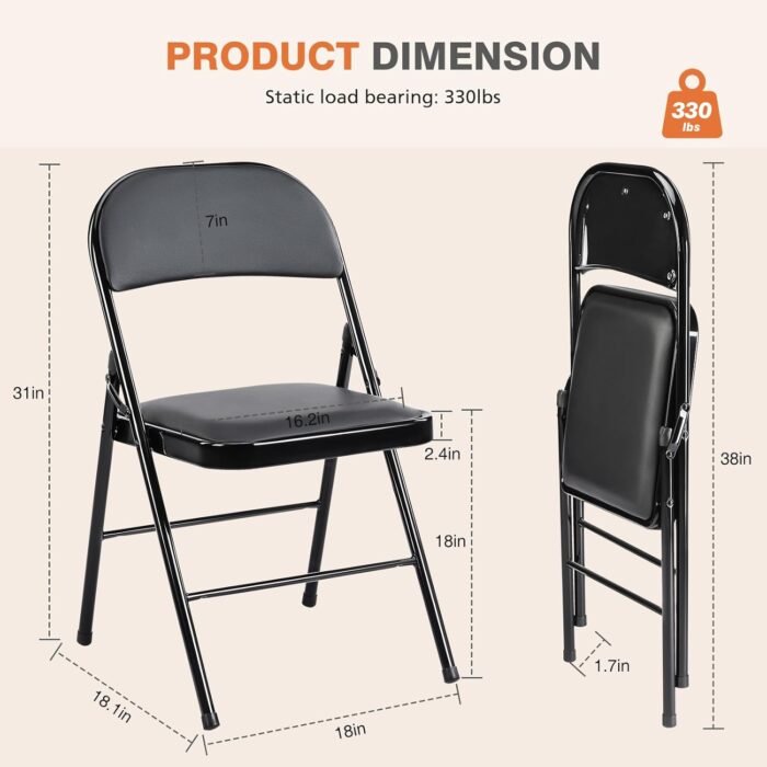 Sweetcrispy Folding Chair 4 Pack, Leather Padded Folding Chairs, Sturdy Metal Foldable Chairs, Easy to Use and Store, Outdoor and Indoor, for Home, Office, Party, Comfy, Black - Image 3