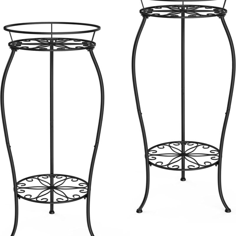 FaithLand 2 Pack Metal Plant Stands, Tall Planter Holder Indoor Outdoor, 2 Tier Round Potted Supports Rack, Corner Display Shelf Black