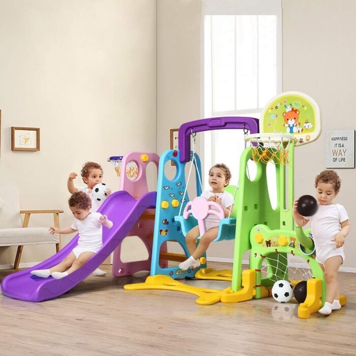 Costzon 6 in 1 Toddler Slide and Swing Set, Kids Large Climber Slide Playset with Basketball Hoop and Football Gate, Playground Swing Set for Indoor Outdoor Backyard 3-10 Gifts Presents - Image 2