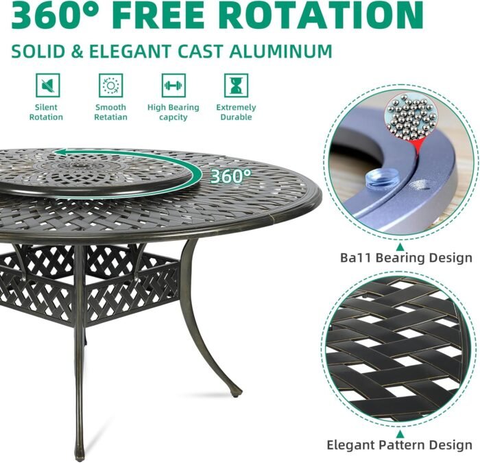 VIVIJASON 9-Piece Patio Furniture Dining Set, Rust-Free Cast Aluminum Outdoor Conversation Set, Include 8 Cushioned Chairs & 61" Round Dining Table with 31" Lazy Susan, Umbrella Hole, Khaki - Image 3