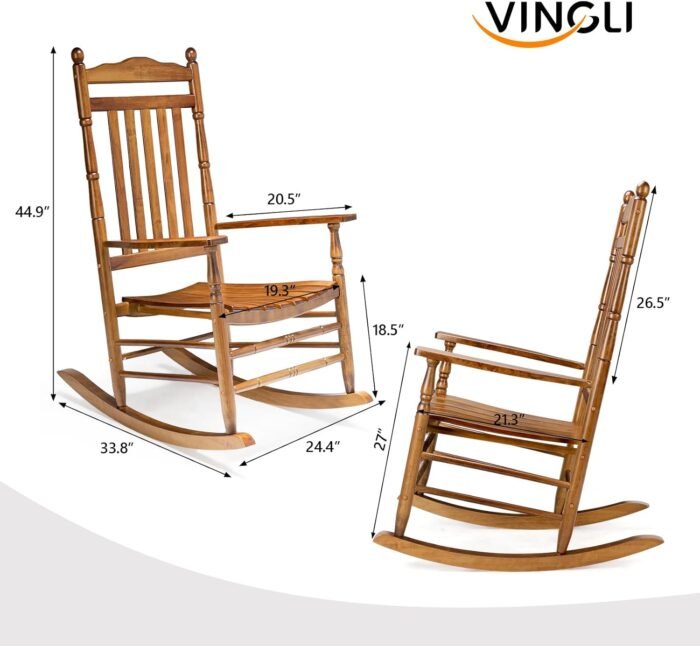 VINGLI Wood Rocking Chair Outdoor with 450 lbs Support Relaxing Rocker Solid Wood High Back Seat Reclining Seat for Deck, Garden, Backyard, Porch, Indoor or Outdoor Use, Teak - Image 3