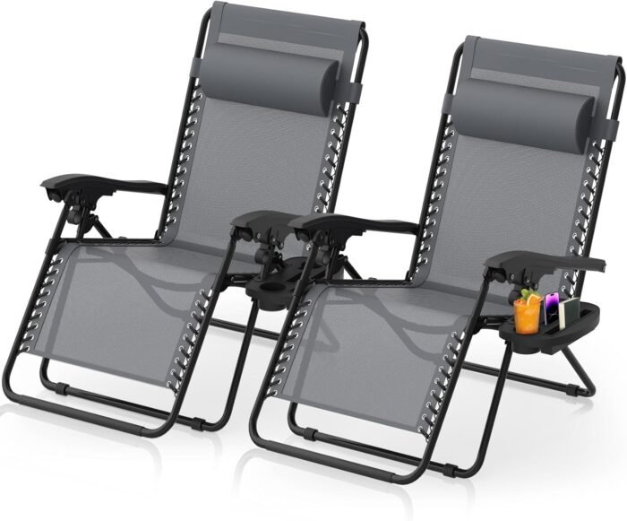 Suteck Zero Gravity Chairs Set of 2, Zero Gravity Lounge Chair w/Upgraded Lock, Big Cup Holder and Pillow, Reclining Patio Chairs Folding Recliner for Indoor and Outdoor
