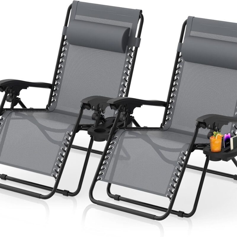 Suteck Zero Gravity Chairs Set of 2, Zero Gravity Lounge Chair w/Upgraded Lock, Big Cup Holder and Pillow, Reclining Patio Chairs Folding Recliner for Indoor and Outdoor