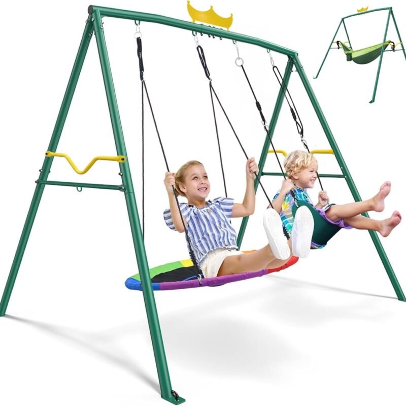 PANGU Crown 2-in-1 Swing&Hammock,460lbs 2 Seat Swing Sets for Backyard, Outdoor Kids Swing Set Heavy-Duty Metal,1 Saucer and 1 Belt for Outdoor Playground Park, Green -Yellow(Complimentary Hammock)