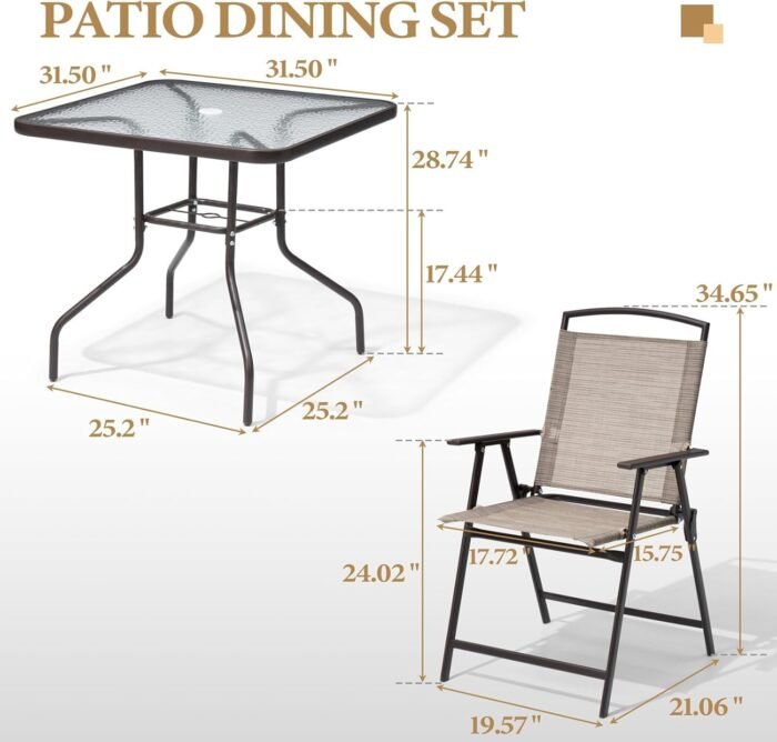 Crestlive Products 5 Piece Patio Dining Set with 4 Folding Chairs and Table Outdoor Dining Furniture with Square Glass Tabletop, Umbrella Hole for Bistro, Garden, Backyard, Deck (Beige) - Image 2