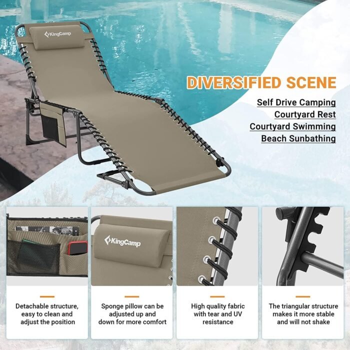 KingCamp Lounge Chair Outdoor, Folding Portable Tanning Chairs Comfy Adjustable 5-Position Lay Flat Foldable Chaise Chaser Lounger with Pillow for Outside Beach Patio Sun bathing Backyard Pool, Beige - Image 5