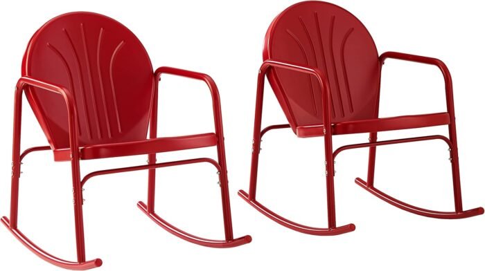 Crosley Furniture Griffith Retro Metal Outdoor Rocking Chairs, Set of 2, for Porch, Deck, Balcony, Backyard, Bright Red Gloss - Image 4