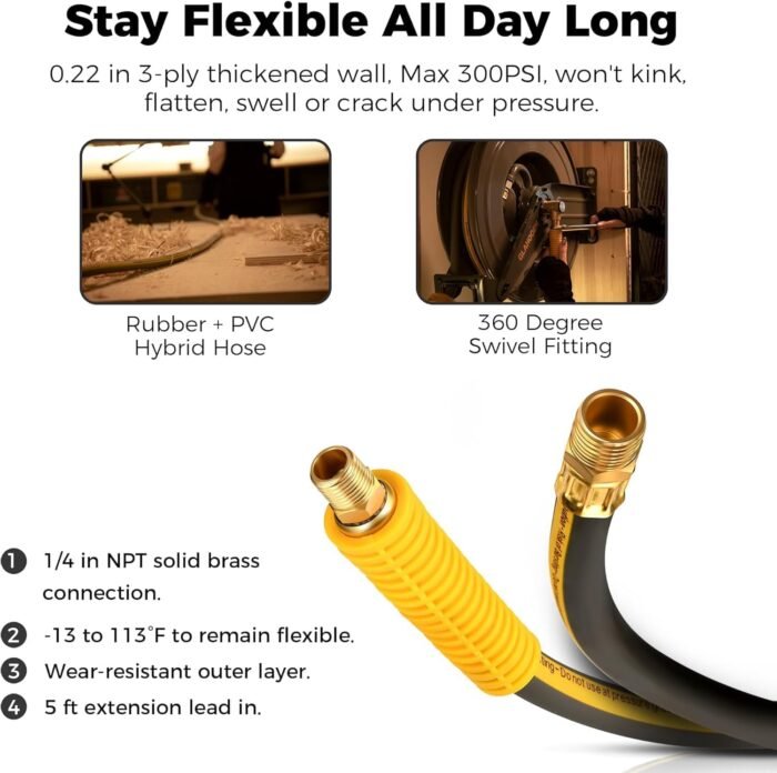 Double Arm Retractable Air Hose Reel, 3/8 in × 65 ft Hybrid Hose Heavy Duty Steel Professional Air Compressor Hose Reel with 5 ft Lead in Max 300PSI Auto Rewind Quick Coupler Swivel Fitting - Image 5